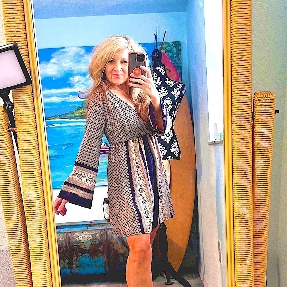 Peppermint USA Boho Bell Sleeve Mini Dress, Geometric Print Fall Beauty, Size S